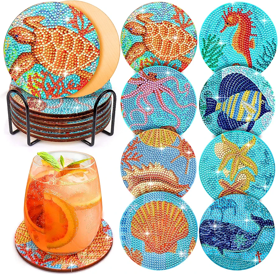 BABORUI 8Pcs Ocean Diamond Art Coasters, Sea Diamond Art Kits for Adults Kids, Diamond Art Accessories for House Decor