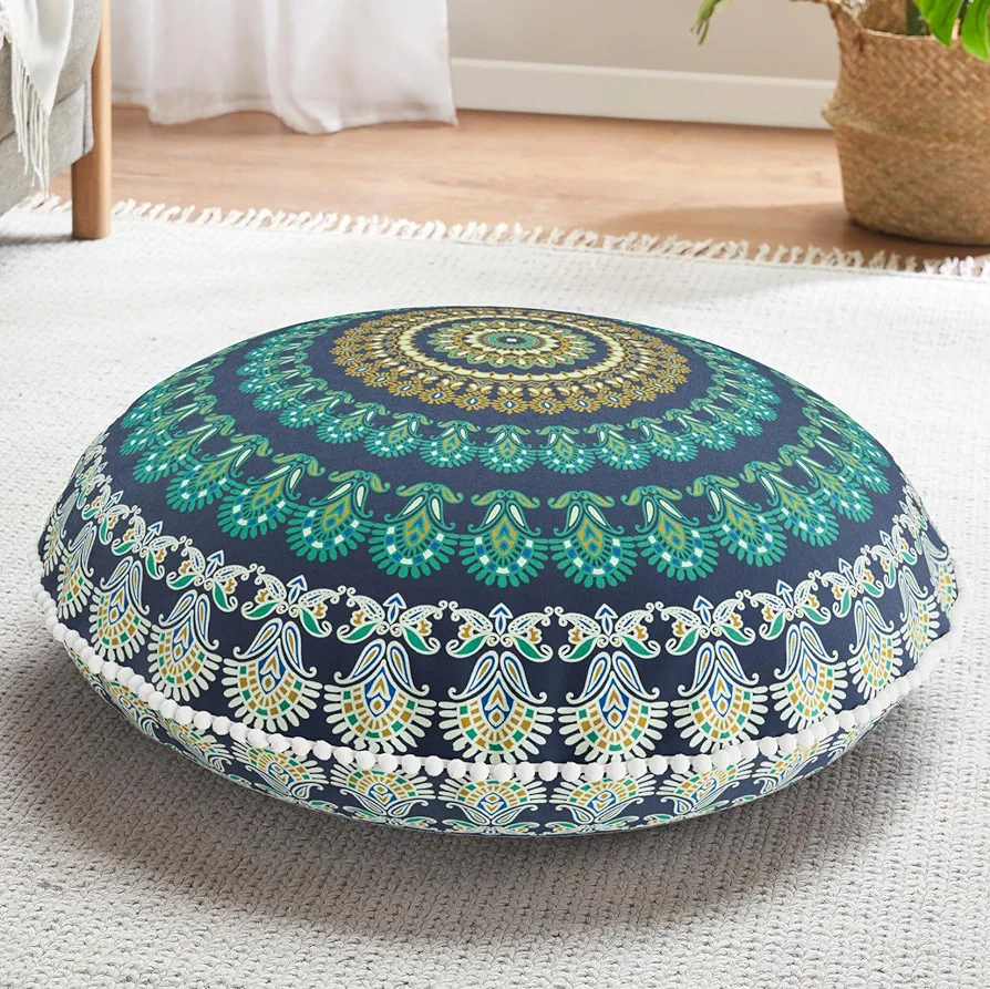 Codi Meditation Floor Pillow, Round Large Pillows Seating for Adults, Bohemian Mandala Circle Cushion for Outdoor Fireplace Yoga Living Room, 32 Inch, Memory Foam Added, Green