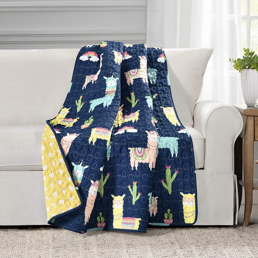 Lush Decor Southwest Llama Cactus Throw Blanket, 50" W x 60" L , Yellow & Navy - Toddler Blanket - Cute Reversible Boho Quilted Throw for Kids Room