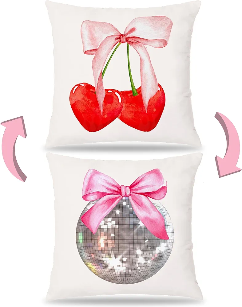 Pink Coquette Bow Pillow Covers 18x18 Double-Sided, Coquette Room Decor, Coquette Cherry Disco Ball Bow Aesthetic Pillow Covers, Coquette Stuff, Girly Bedroom Decor, Bow Room Decor