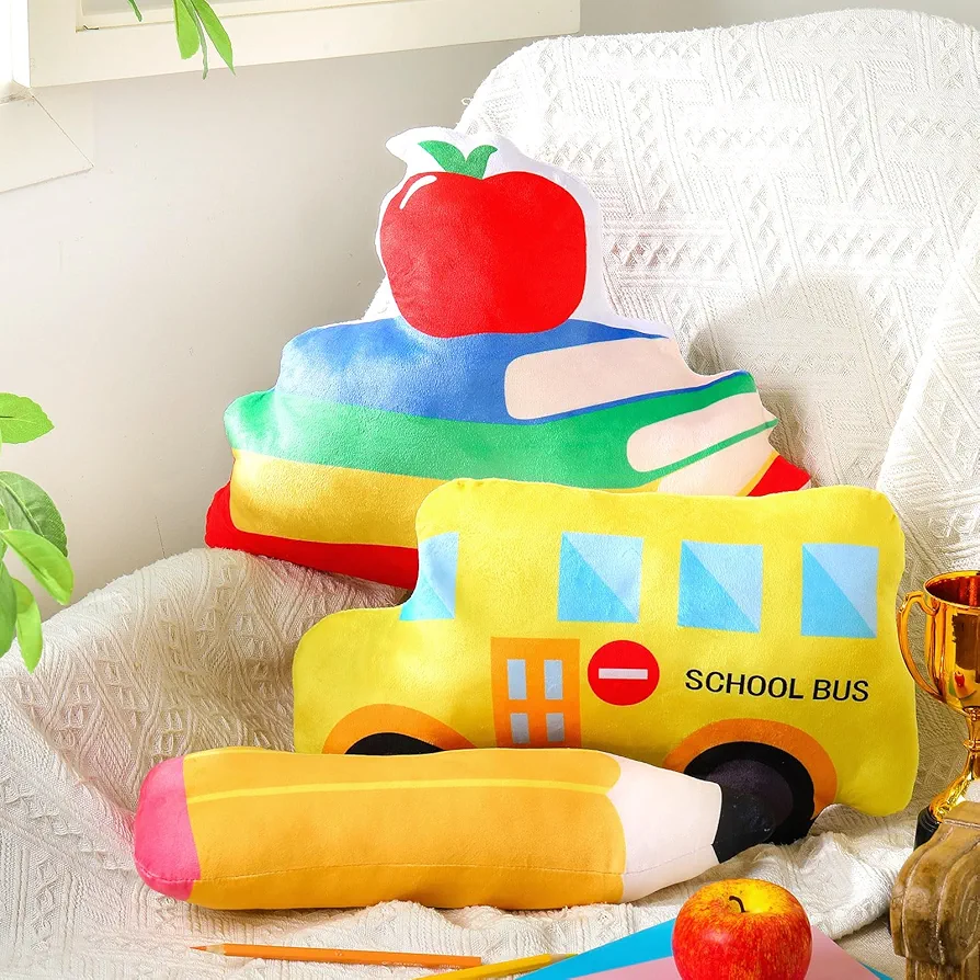 3 Pcs 16 Inch Back to School Throw Pillow First Day of School Classroom Decorative Pillow Apple School Bus Books Pencil Shaped Plush Pillow for Student Kids Classroom Room Home Sofa Decor