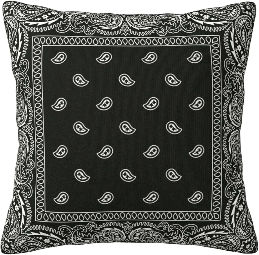 Throw Pillow Cover Bandana Black Paisley Bandana Pillowcase Square Cushion Cases for Living Room Couch Bed 18x18 Inch