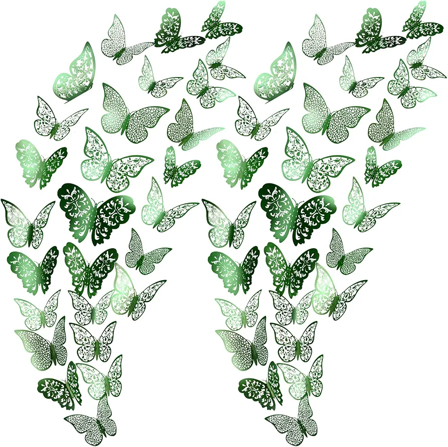 72 Pieces 3D Butterfly Wall Decals Sticker Wall Decal Decor Art Decorative Sticker 3 Sizes for Room Home Nursery Classroom Offices Kids Girl Boy Bedroom Bathroom Living Room Decor (Light Green)