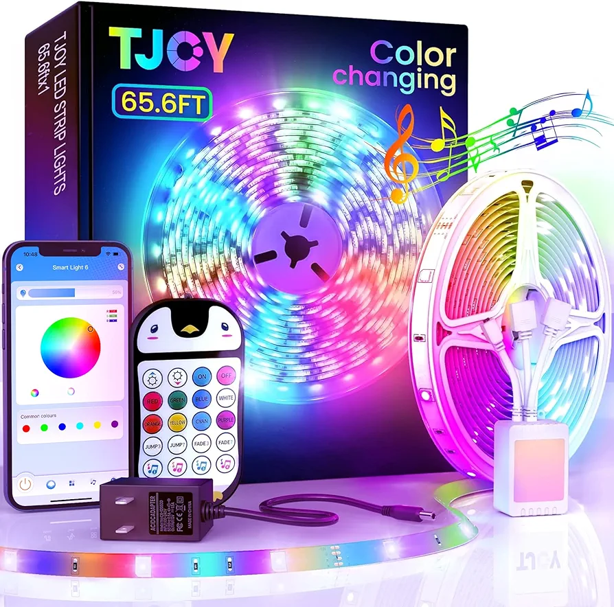 TJOY 65.6ft Kids Bluetooth LED Strip Lights, Music Sync LED Light Strip RGB Color Changing Lights Strip with Penguin Style Remote, APP Control, LED Lights for Bedroom, TV, Room DIY (APP+Remote+Mic)