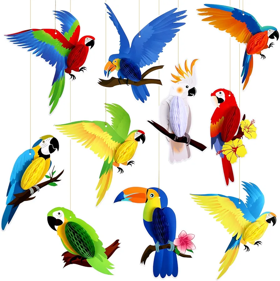 10 Pieces Tropical Birds Honeycomb Paper Cutouts, Parrot Honeycomb, Hawaiian Summer Beach Luau Party Hanging Decorations for Tiki Bar Home Classroom Supplies