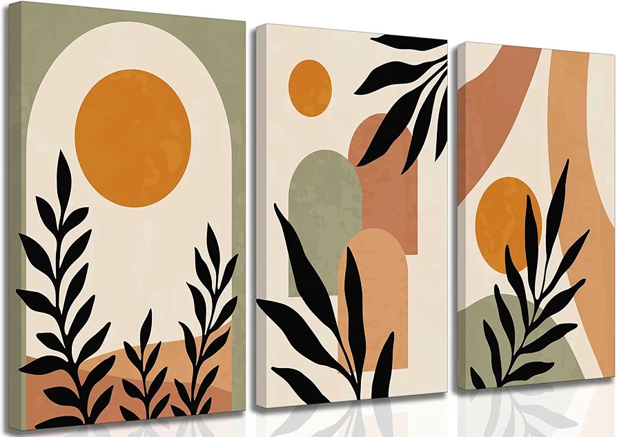 3 Pcs Framed Mid Century Modern Boho Sun Canvas Wall Art Neutral Abstract Minimalism Bohemian Mountains Plants Pictures Wall Decor Posters Prints Artwork for Bedroom Living Room Home Decoration