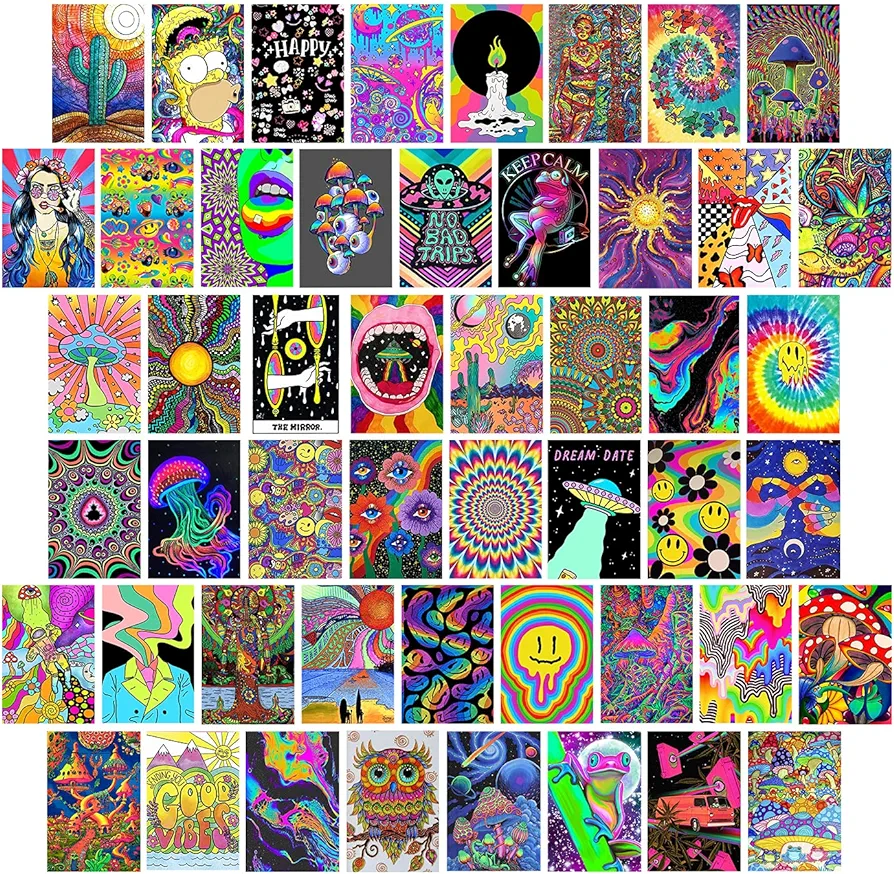 Woonkit Indie Hippie Trippy Posters, Indie Room Decor, Teen Bedroom Dorm Aesthetic Poster, Photo Wall Collage Kit Pictures, Psychedelic Posters, 50PCS 4X6 INCH