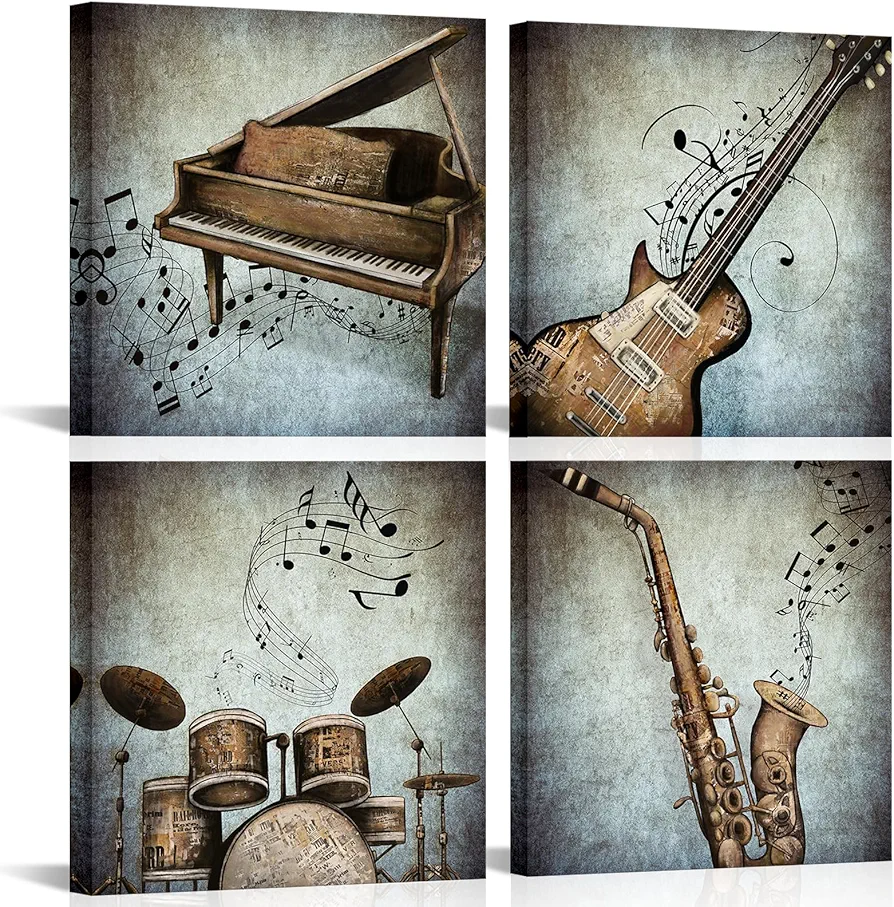 LyerArtork 4 Panel Music Canvas Wall Art Vintage Piano Guitar Drum Set Saxophone Pictures Stretched Canvas Framed Art Abstract Music Notes Posters Artwork for Modern Home Bedroom Living Room Decor