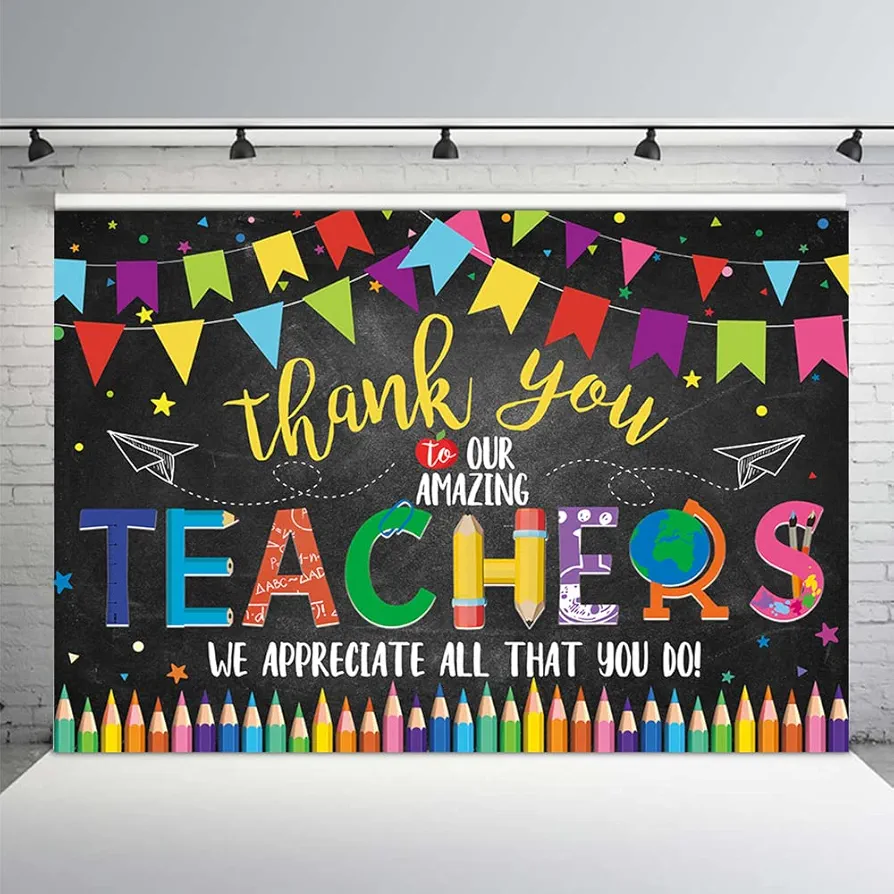 MEHOFOND 7x5ft Thank You Teachers Backdrop Teachers' Appreciation Day Party Classroom Decorations Supplies Thank You Photography Background Photo Booth Props