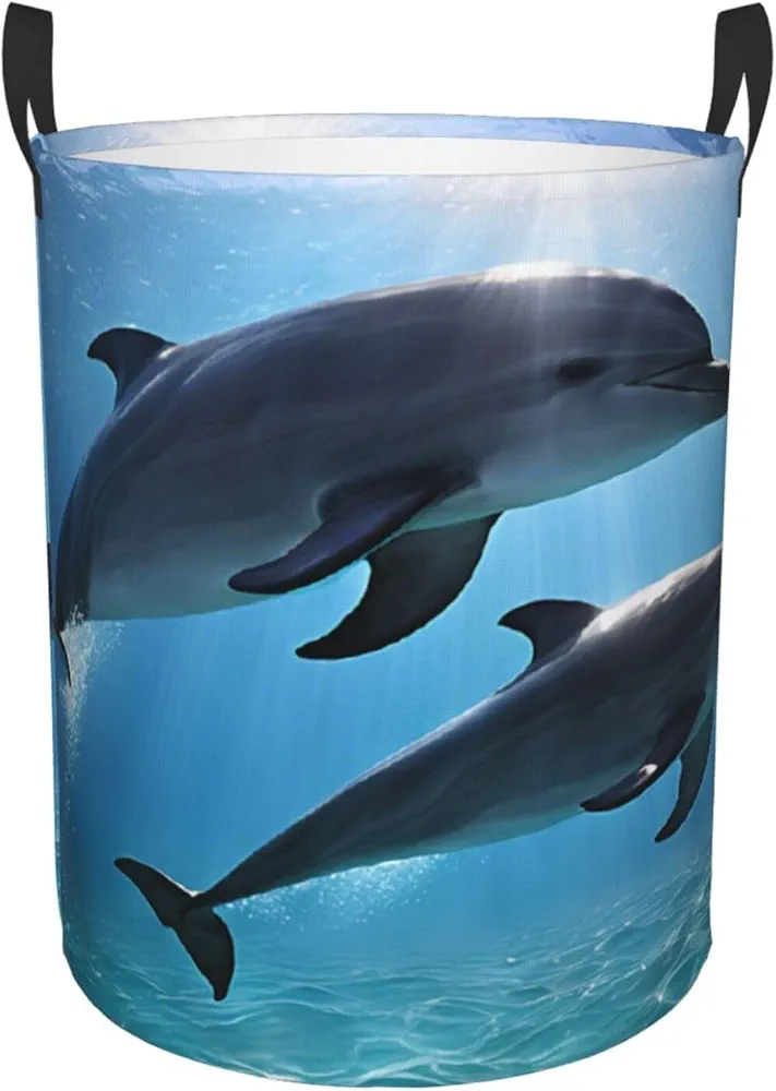 Laundry Baskets with Handles Waterproof Small inches Storage Basket, Collapsible Laundry Hampers, Laundry Room Organization & Apartment Essentials - Dolphins in the sea