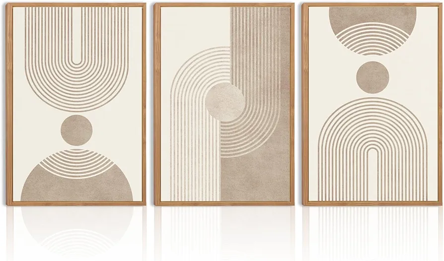 BINCUE Beige Neutral Canvas Wall Art Framed Geometric Abstract Wall Decor Mid Century Modern Artwork Wall Decor for Living Room Bedroom Office 16"x24" Set 3