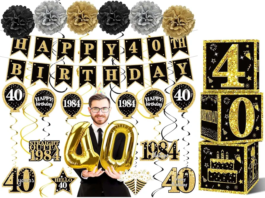 40th Birthday Decorations Boxes and Vintage 1984 Banner Hanging Swirls Party Supplies Kit