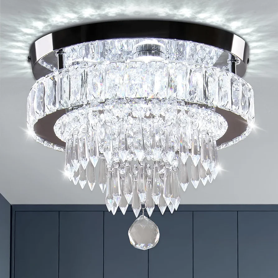 LEONTYNE 11.8" Crystal Chandeliers Modern Crystal Ceiling Light LED Chandeliers Semi Flush Mount Chandelier Light for Bedrooms Dining Living Room Hallway (6500K Cool White Light)