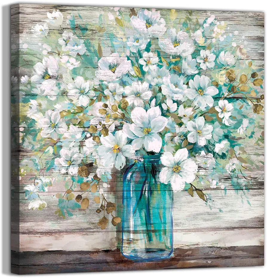 3LDECOR Country Style Canvas Wall Art Teal Blue Mason Bottle White Flower Rustic Wall Decor Art Hanging in The Bedroom Bathroom Living Room Dining Room Office Fireplace Kitchen Murals Decor(14x14)