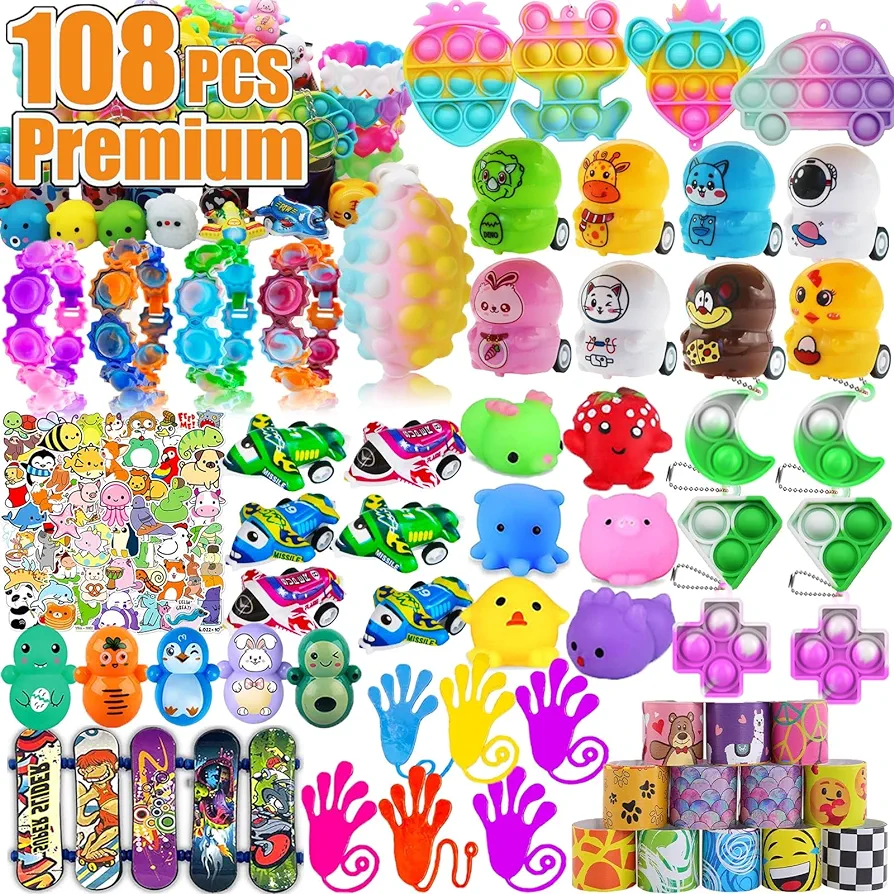 108 Pcs Party Favors for Kids, Pop Fidget Treasure Box Toys, Classroom Prizes, Pinata Filler Goodie Bag Stuffers, Treasure Chest Carnival Prizes, Prize Box Bulk Toys for Boys Girls 4-8