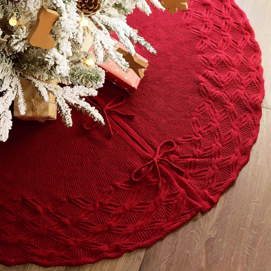 LimBridge Knitted Christmas Tree Skirt: 48 Inches Wine Red Tree Skirt, Crossed Willow Leaf Edge Cable Knit Thick Rustic Christmas Tree Decorations, Christmas Decor Xmas Holiday Home Party Decorations