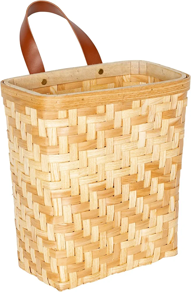 Stratton Home Decor Modern Farmhouse Woven Wall Basket with Faux Leather Handle - Stylish Storage for Books, Magazines, Blankets - Rustic Accent Piece for Living Room, Bedroom, Entryway, Hallway