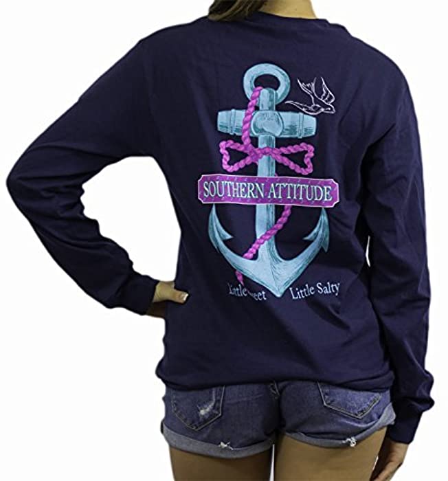 Southern Attitude Salty Anchor Navy Blue Preppy Long Sleeve Shirt