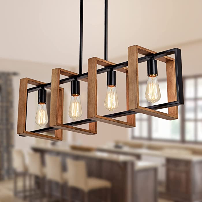 Dining Room Light Fixture Farmhouse Pendant Lights Kitchen Island Rustic Kitchen Light Fixtures 4 Lights Wood and Black Metal Rectangular Chandelier Ceiling Hanging Light 35.4"