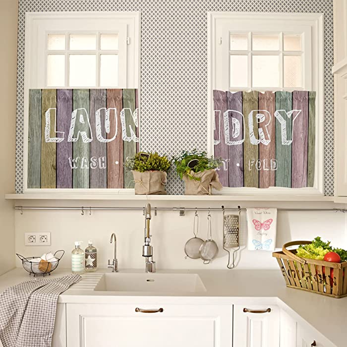 Window Curtain Panels Set of 2, Laundry Theme Colorful Rod Pocket Curtain Drapes for Kitchen Bedroom Living Room, Machine Washable Drapery Window Valances, 27.5x24inch, Vintage Rustic Wood