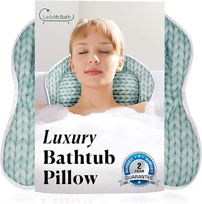 Lady McBath Bath Pillow - Luxury Bath Pillows for Tub Neck and Back Support - Powerful Suction Cups, Machine Washable Bathtub Accessory for Relaxation(Turquoise)