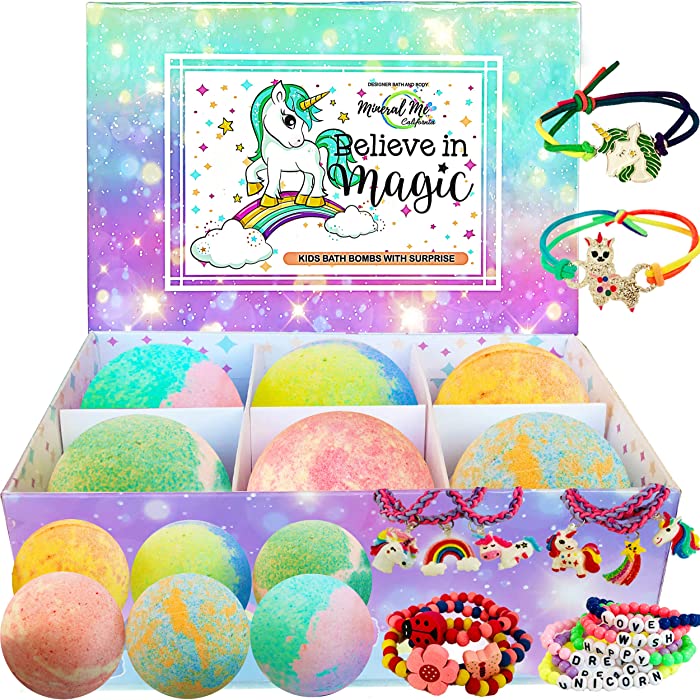 Unicorn Bath Bombs for Girls with Jewelry Inside Plus Jewelry Box- Easter Gift for Kids. All Natural and Organic with Skin moisturizing Shea Butter. Bubble Bath Fizzies with Surprise Toys.