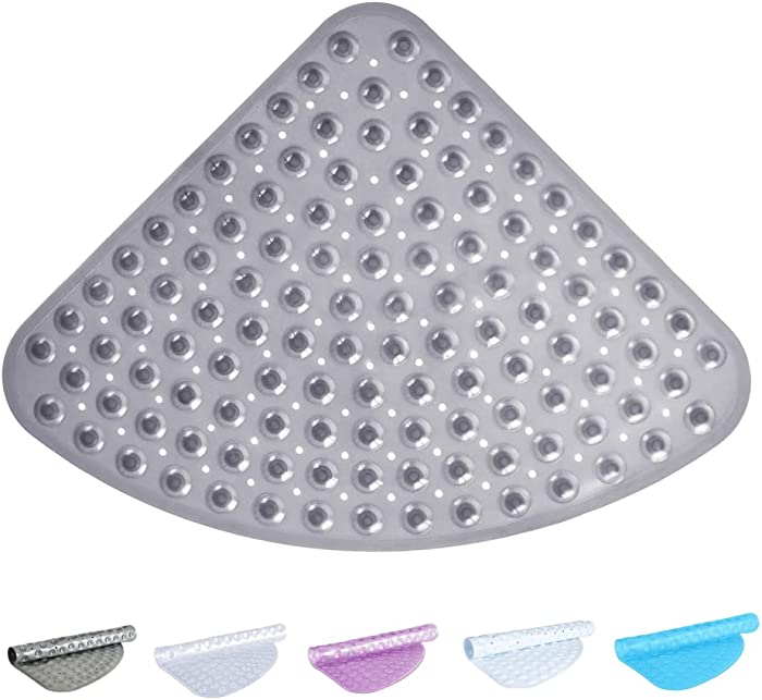 Curved Clear Grey Square Shower Mat | Non Slip, and Machine Washable Quadrant Bath Mat for Walk in Shower Tray | Shower Mats Non Slip Suction Cup Grip Perfect for Kids and Elderly