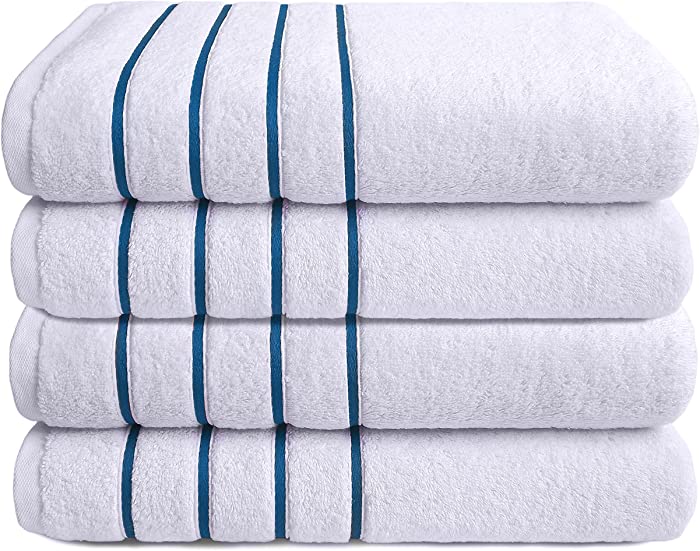 Dorlion Towels, 4 Piece Striped Bath Towel Set, 100% Turkish Cotton Plush, High Absorbent, Super Soft, Quick Dry Turkish Bath Towel Set for Bathroom, Navy Blue