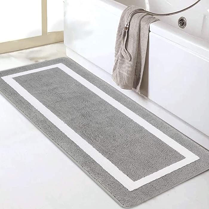 Falflor Absorbent Bath Runner Rug 20"x 55" Non Skid Bathroom Mat Machine Washable Ultra Soft Microfiber Bath Rug for Shower Room Bathtub Laundry Decor(Grey)