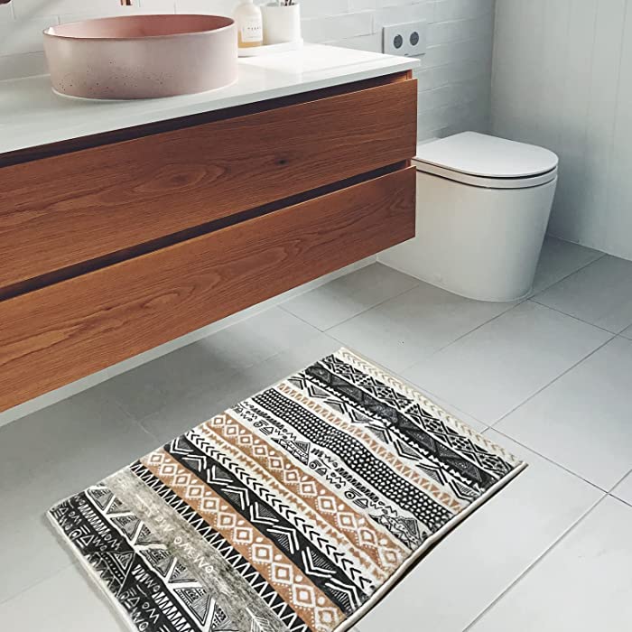 Bathroom Rugs Boho Bath Mat Super Soft Non-Slip Bath Rugs Runner Cozy Velvet Floor Mat Brown Diamond 17x24