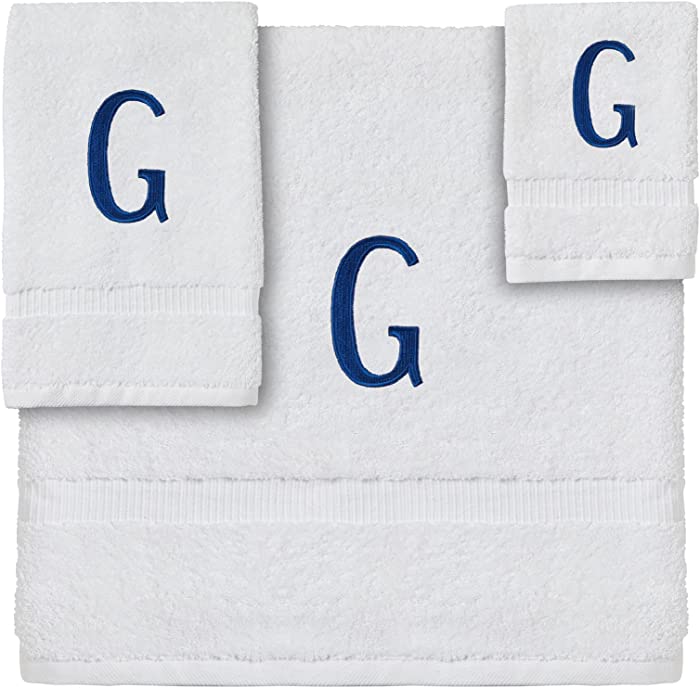 3-Piece Letter G Monogrammed Bath Towels Set, Embroidered Initial G Wedding Gift (White, Blue)