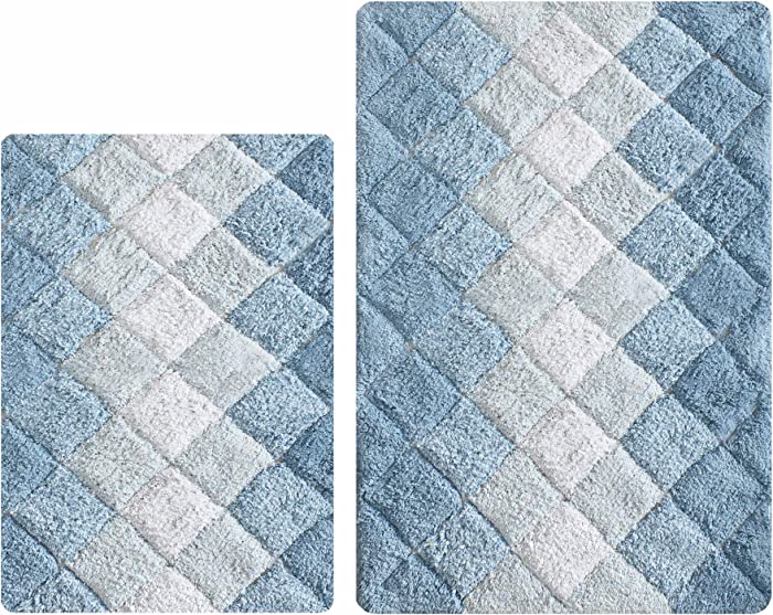 Bathroom Rugs Set 2 Piece in 100% Cotton Albany Inspired Bath Rugs 21x32/17x34, Blue Combo,Anitskid Bath Rugs Set,Cotton Bath Mat,Cotton Bath Rugs,Soft Absorbent Machine Washable,Non Slip Bath Rug