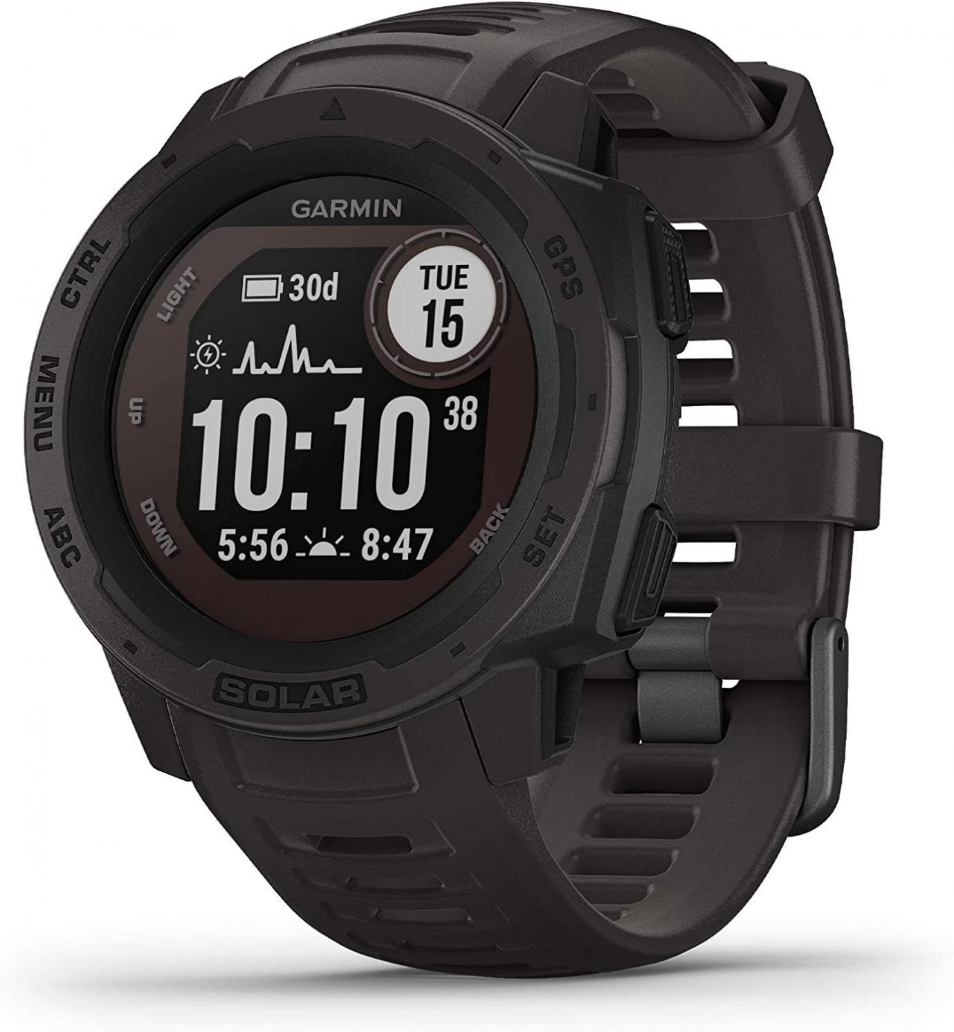 Garmin Instinct Solar, Solar-Powered Rugged Outdoor Smartwatch, Built-in Sports Apps and Health Monitoring, Graphite (Renewed)