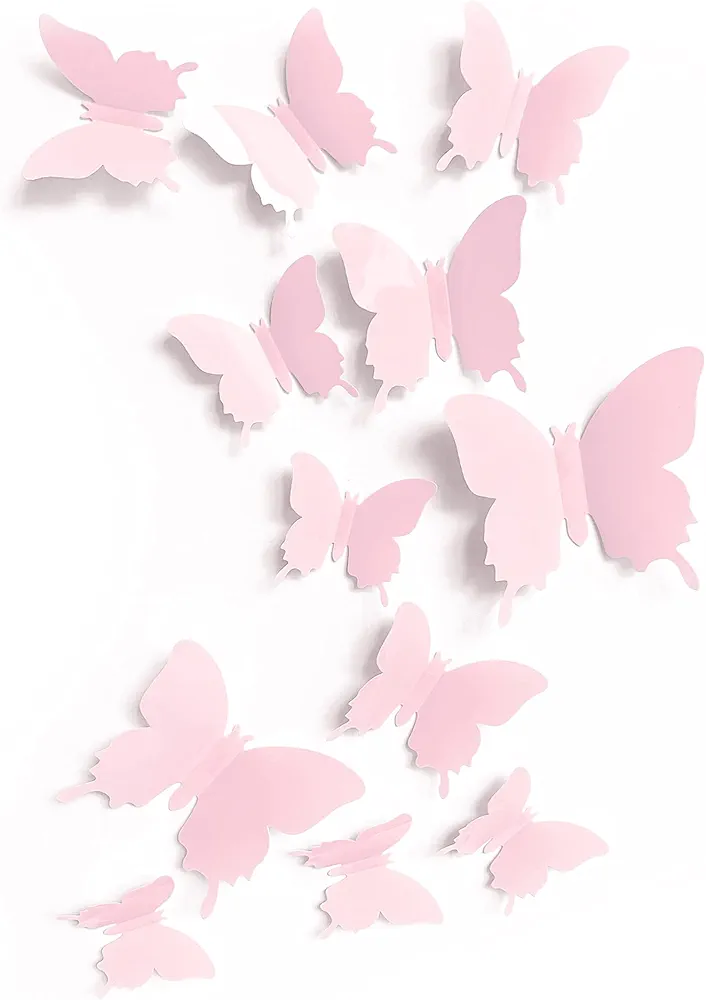 Cute Pink Butterfly Wall Decor 24 pcs, Girls Room Wall Decals, Danish Pastel Aesthetic Butterflies Stickers for Nursery Decorations, Baby Toddler room decor for girls