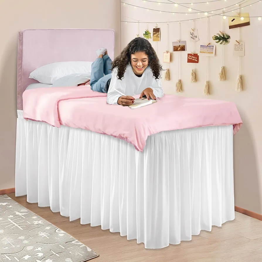 Dorm Bed Skirt - 36" Drop College Dorm Room Bed Skirt, Pre-shrunk Fabric Long Bed Skirt, Cute Ruffled Style Dorm Room Essentials for Students Girl Decoration & Hide The Clutter (White, Twin-XL)