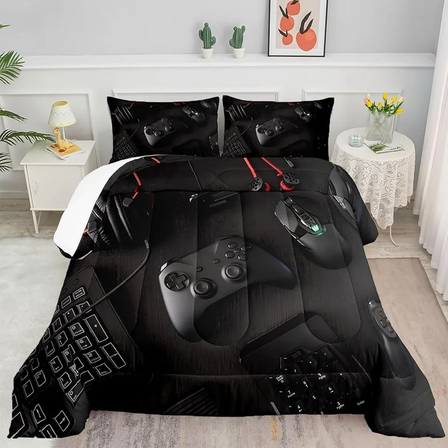 Gamer Comforter Set Twin Size for Boys Kids 3D Gaming Microfiber Quilts Black Video Game Bedding Sets Room Decor Gaming Bedding Set All Season for Game Lovers(Color 1,Twin)