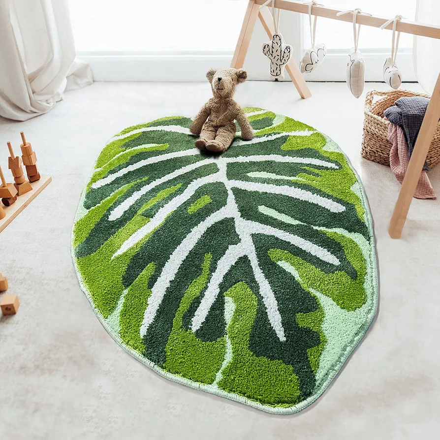 Kids Rug Green Leaf Area Rug for Nursery Cute Bath Mat Non Slip Small Preppy Carpet for Bedroom Bathroom Children Playroom Boho Home Decor Washable 2.6'x4'