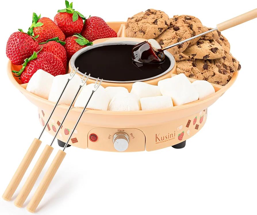 Fondue Pot Electric Set – 10-oz Chocolate Fondue kit - Temperature Control, Detachable Serving Tray, 4 Forks – Hostess Gift Ideas, Unique Housewarming Gift Set – Birthday Party Ideas