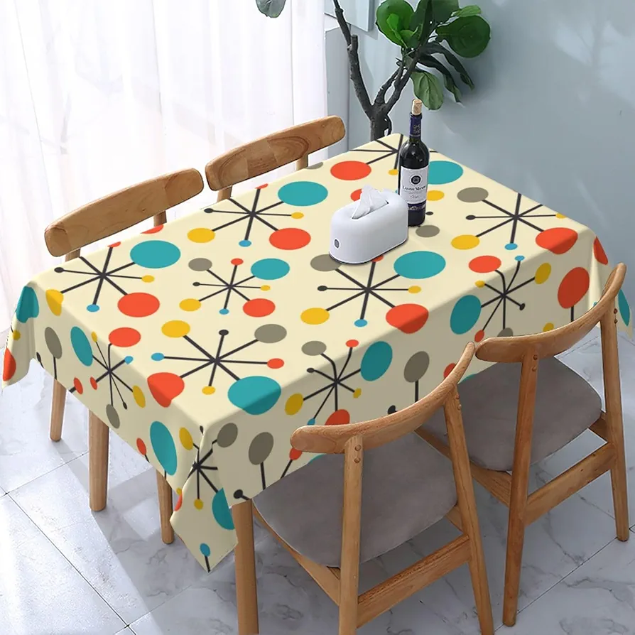 Mid Century Fifties Modern Atomic Retro Colors Tablecloth 54"x72" Outdoor Indoor Washable Waterproof Table Cloth for Parties Picnic Bbqs Kitchen Dining Room Decor, Yellow Rectangle Table Covers