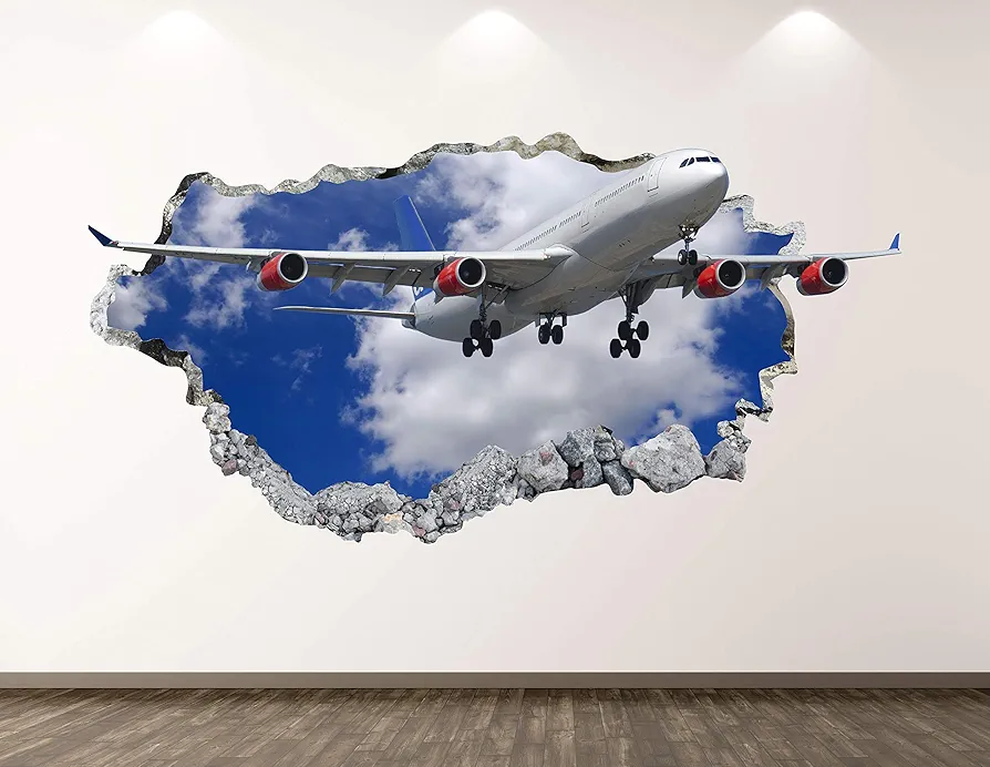 Jumbo Airplane Wall Decal Art Decor 3D Smashed Jet Sticker Mural Kids Room Custom Gift BL90 (30"W x 18"H)