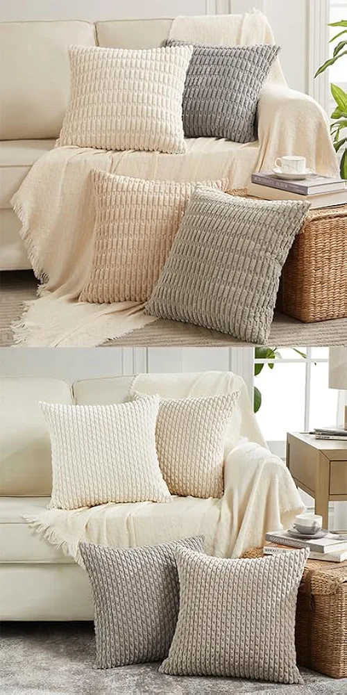 Fancy Homi 8 Packs Neutral Decorative Throw Pillow Covers 16x16 Inch for Living Room Couch Bed Sofa, Rustic Farmhouse Boho Neutral Home Decor, Soft Plush Striped Corduroy Square Cushion Case 40x40 cm