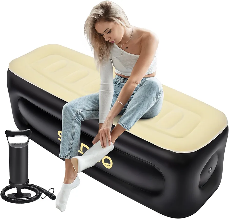 15'' Air Ottoman Bench for Air Mattress Bed End, Inflatable End of Bed Bench Foot Rest with Hand Pump and Flocked Top, Air Foot Stool for Entryway Bedroom Living Room Indoor Outdoor Camping