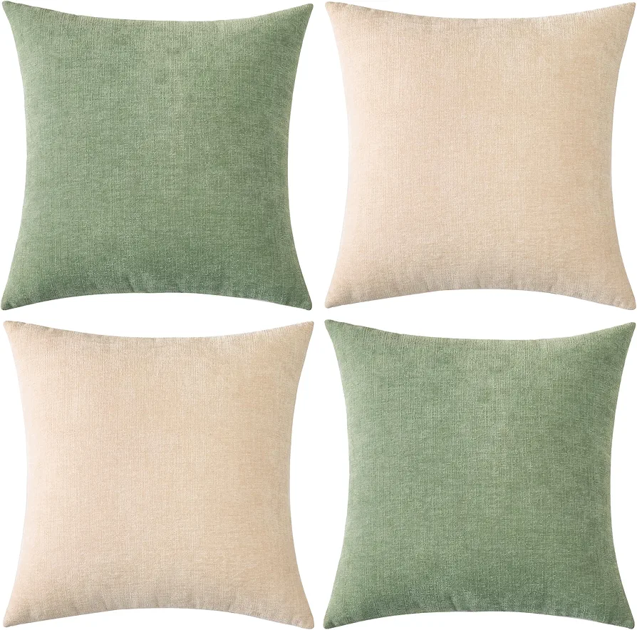 Pack of 2 Couch Throw Pillow Covers 20x20 Inch Soft Square Chenille Pillow Cover for Sofa Living Room Bedroom Car Solid Dyed Pillow Cases (Only Pillowcases) 50x50cm,Beige, Green