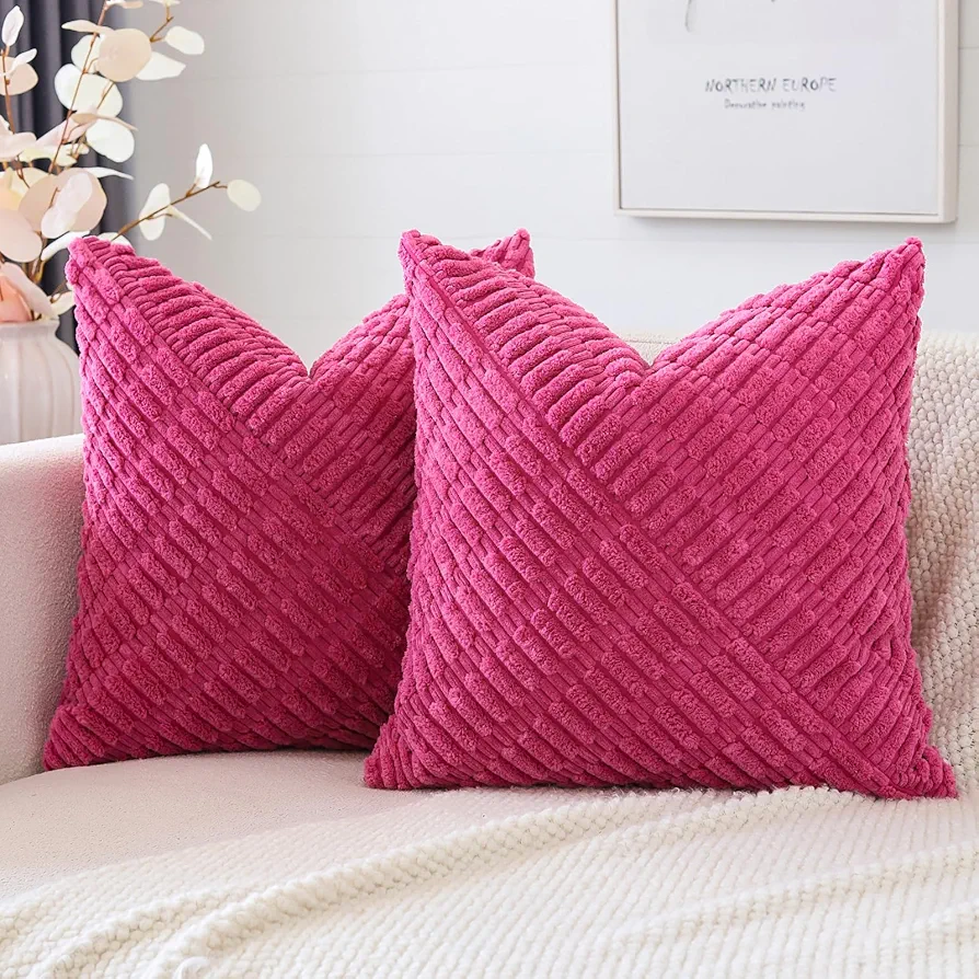 OTOSTAR Soft Corduroy Decorative Throw Pillow Covers 18x18 Inch Farmhouse Boho Home Decor Corss Twill Textured Pillow Covers Striped Cushion Case for Living Room Couch Bed Sofa 45x45 cm (Hot Pink)