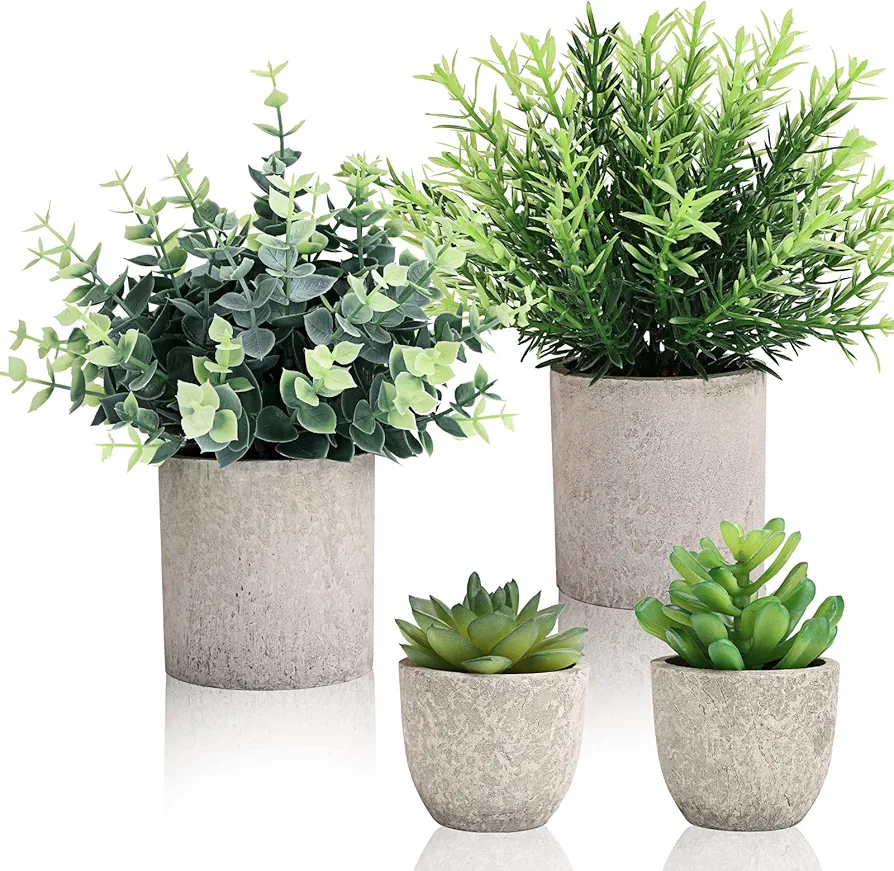 CEWOR 4 Pack Small Fake Plants Eucalyptus Rosemary Succulents Plants Artificial in Pots for Shelf Artificial Greenery Eucalyptus Plant Indoor for Home Bedroom Living Room Decoration