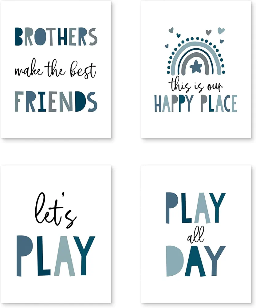 PUHEI Blue Boys Room Wall Art Prints Set of 4, Blue Boy Play Quotes Wall Posters Decor for Playroom Boys Kids Room Nursery, Toddler Boys Room Poster Prints (8 x 10 Inches Unframed)