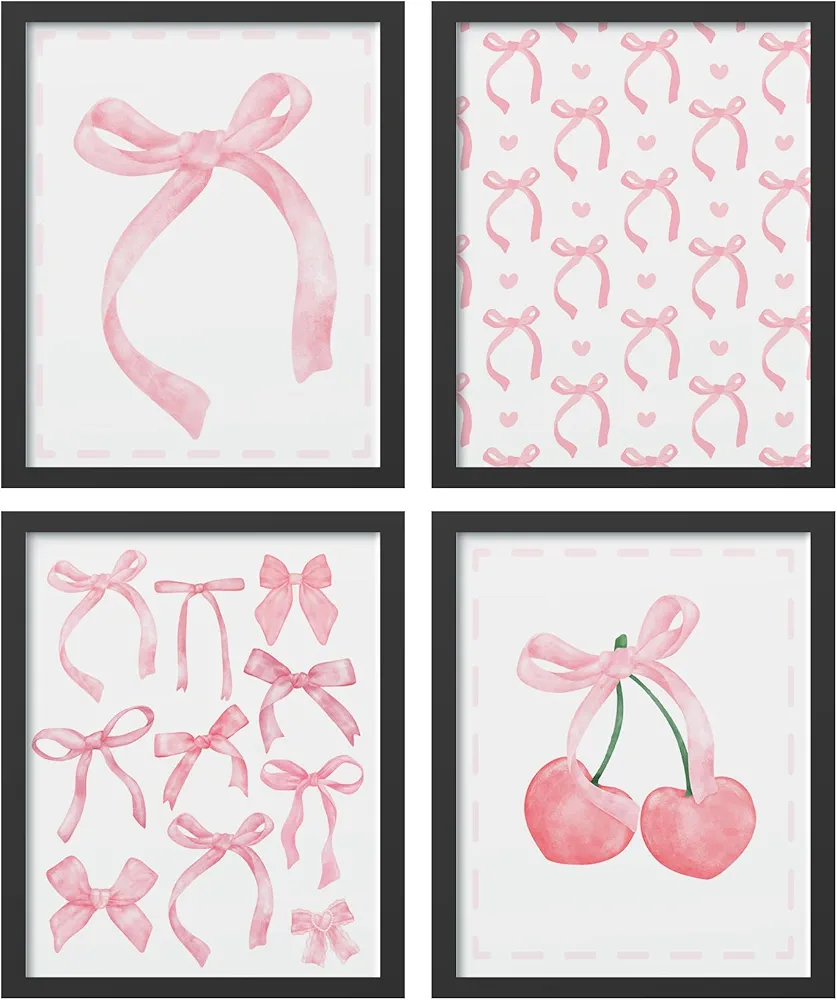 Hxlac Pink Bow Coquette Wall Art Prints Set of 4 Unframed - Pink Preppy Wall Decor, Coquette Preppy Aesthetic Bow Cherry Teen Girl Dorm Room Decor, Preppy Coquette Room Decor(8x10 Inches)