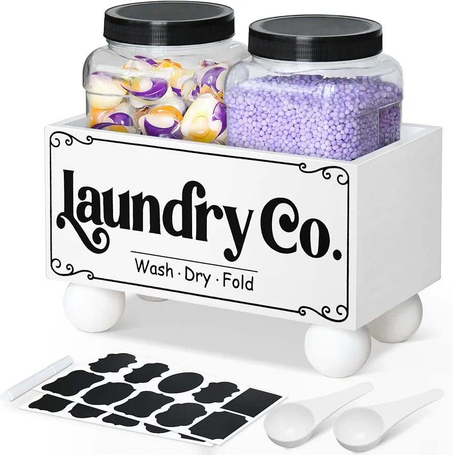 Laundry Pods Container, Rustic Laundry Room Organization with 2 Spoons, Wooden Laundry Organizer 2 Pcs 50OZ Laundry Detergent Container for Laundry Detergent Pods, Powder, Scent Booster (White)