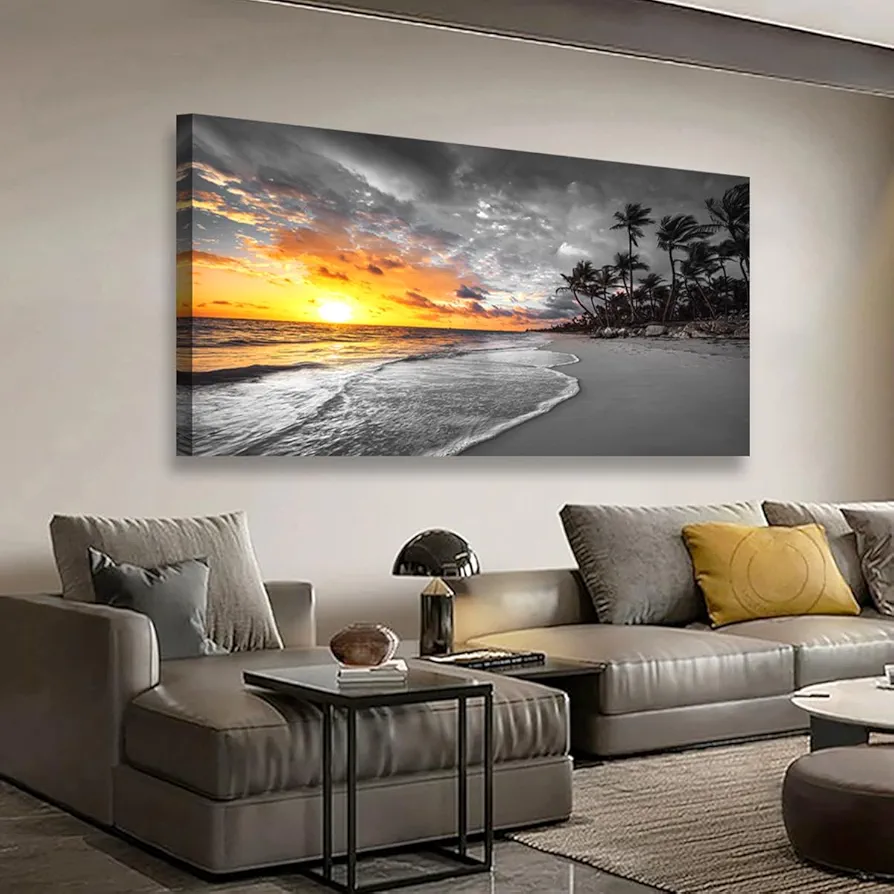 Ocean Wall Art Bedroom Wall Decor Living Room,Beach Canvas Wall Art Office Farmhouse Paintings Artwork Modern Sunset Palm Tree Black and White Sea Coast Wall Art Prints Pictures 20 * 40inch