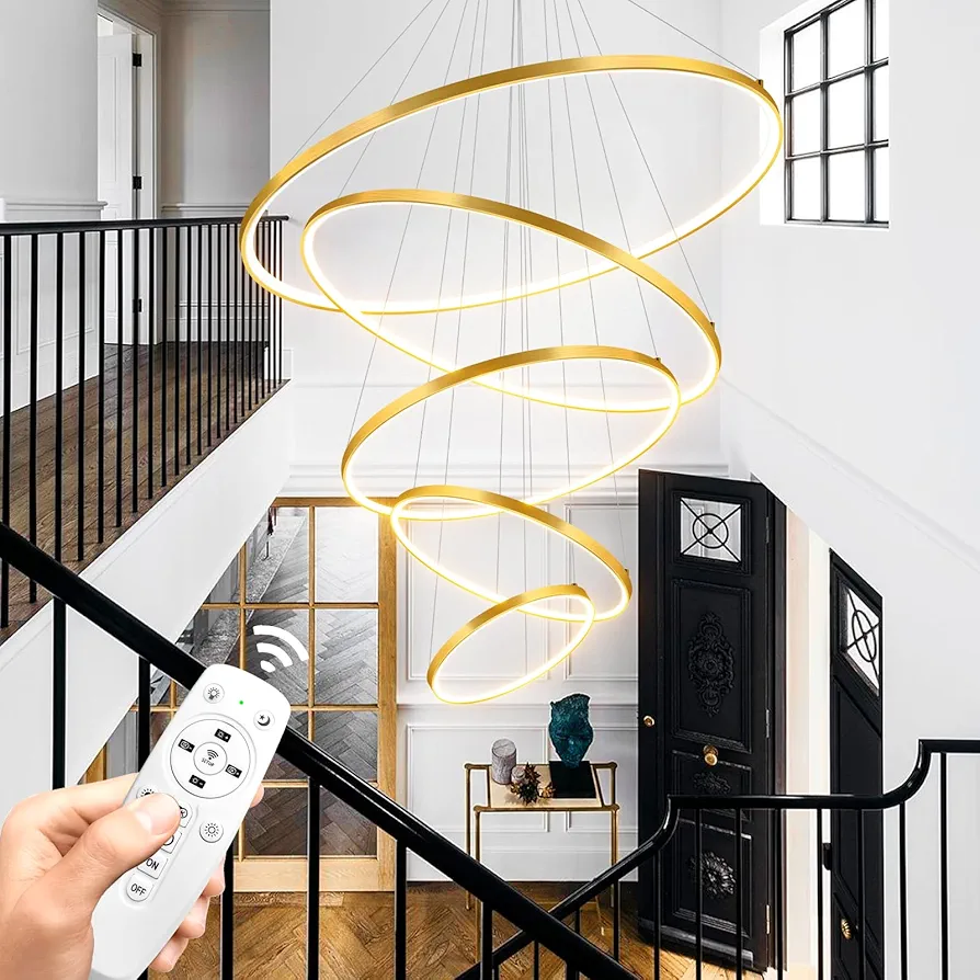 Modern LED Chandelier, D35.4 inch 5 Rings Gold Large Chandelier, 150W Dimmable High Ceiling Foyer Chandelier Light Fixtures with Remote for Dining Room,Living Room, Entryway, Staircase